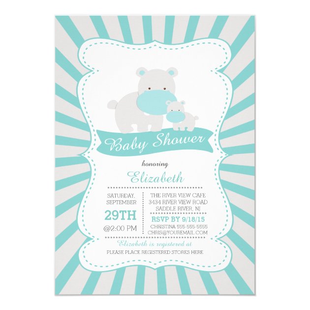 Cute Mom And Baby Hippo Boys Baby Shower Invitation