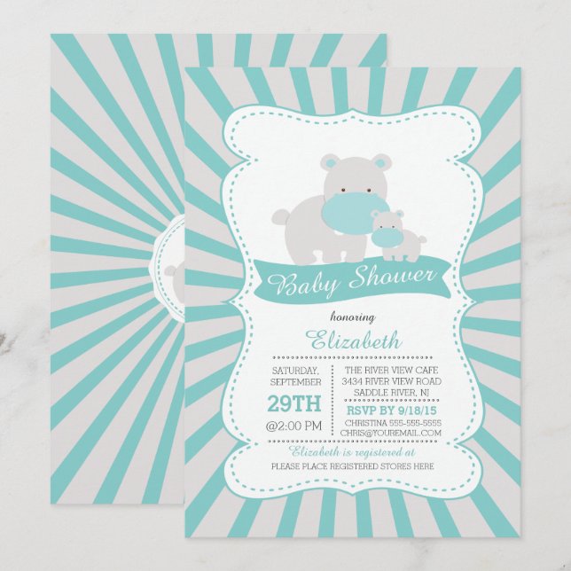 Cute Mom and Baby Hippo Boys Baby Shower Invitation (Front/Back)