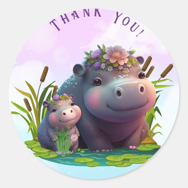 Cute Mom and Baby Hippo Thank You Personalized Classic Round Sticker (Front)