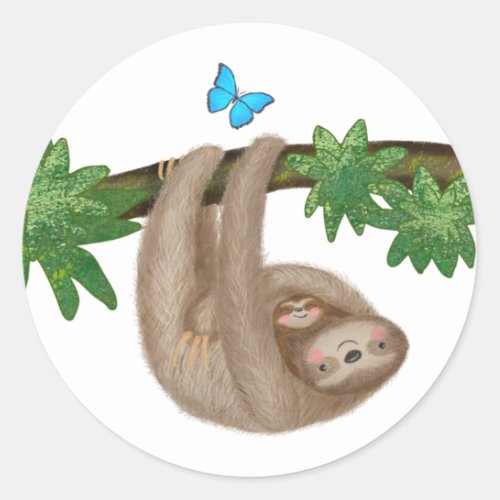 Cute mom and baby sloth round stickers