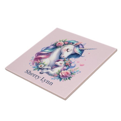 Cute Mom and baby unicorn  Ceramic Tile