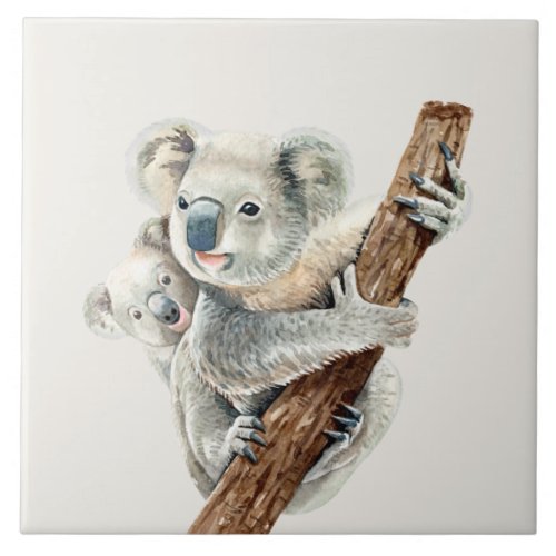 Cute Mom and Baby watercolor Koala on light brown Ceramic Tile