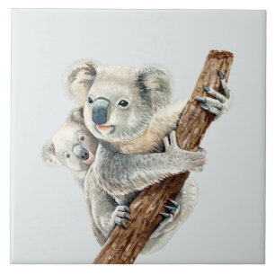 Cute Mom and Baby watercolor Koala on light gray Ceramic Tile