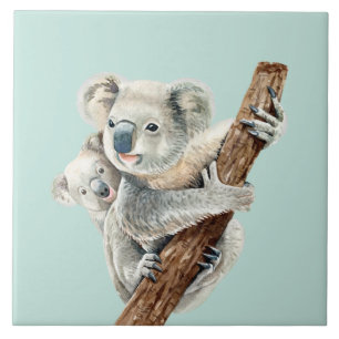 Cute Mom and Baby watercolor Koala on light green Ceramic Tile