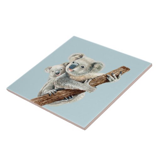 Cute Mom and Baby watercolor Koala on steel blue Ceramic Tile