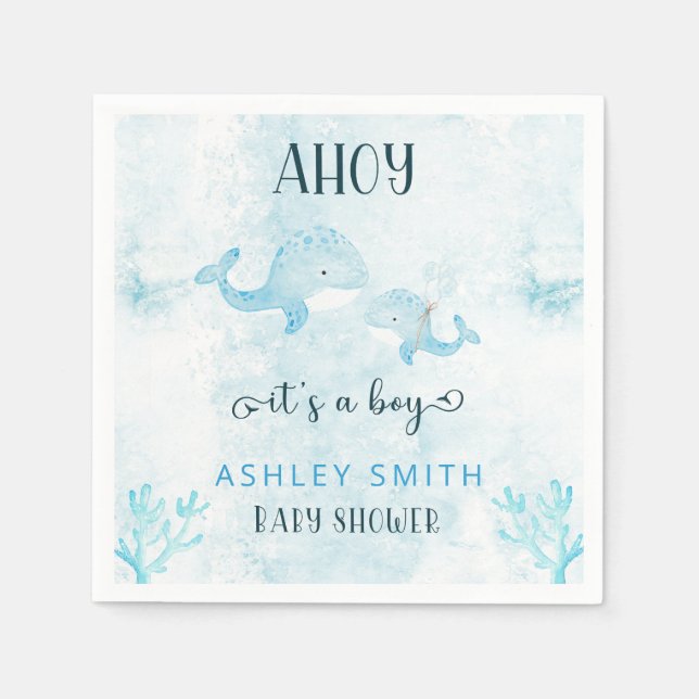 Cute Mom and baby whale Ahoy Boy baby shower  Napkins (Front)