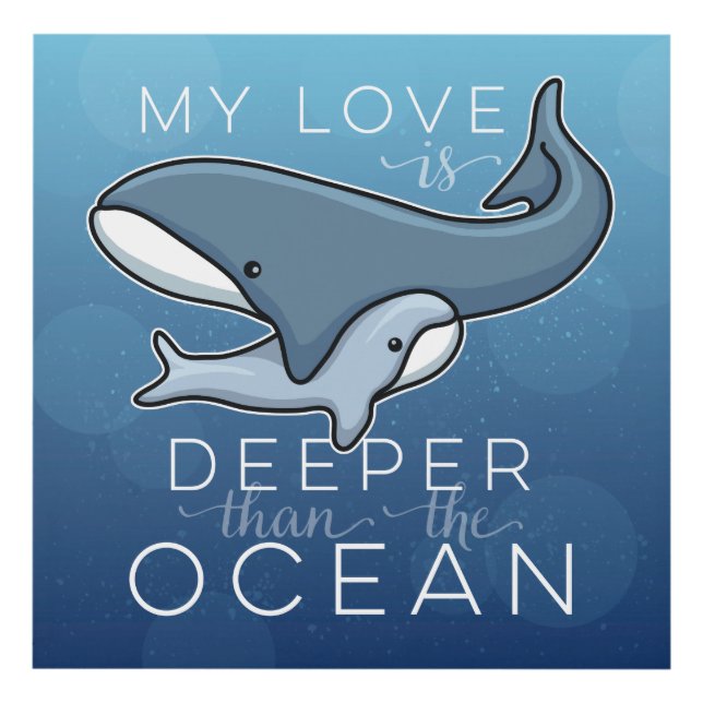 Cute Mom and Baby Whale, Love is Deeper than Ocean Panel Wall Art (Front)