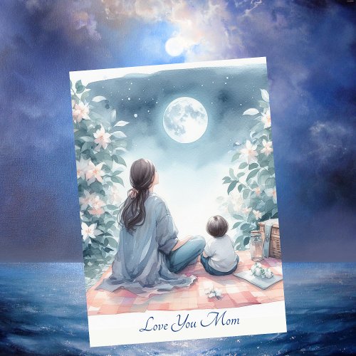 Cute Mom And Kid Under A Moonlit Sky Watercolor Holiday Card