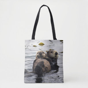 Cute Mom and Pup Sea Otters Tote Bag