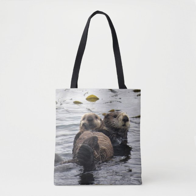 Cute Mom and Pup Sea Otters Tote Bag (Front)