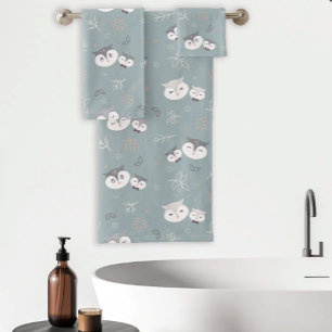 Cute Mom and Son Owl Pattern Blue-Gray Bath Towel Set