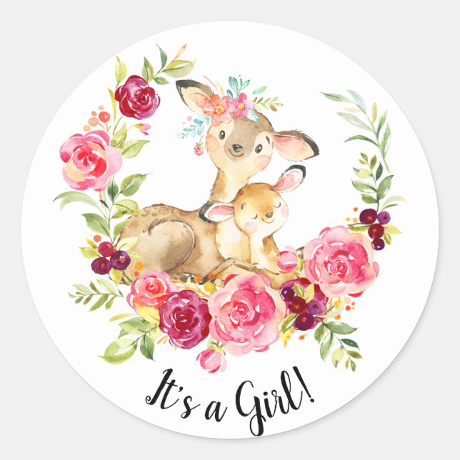 Cute Mom & Baby Deer It' a Girl Favor Sticker (Front)