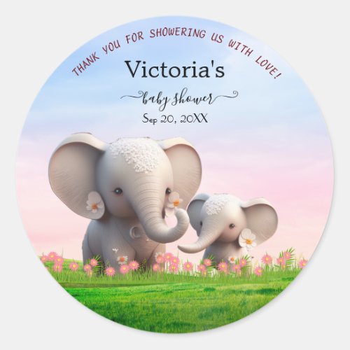 Cute Mom  Baby Elephant Baby Shower Personalized Classic Round Sticker