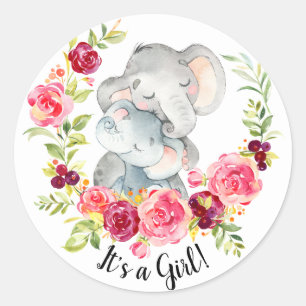 Cute Mom & Baby Elephant It' a Girl Favor Sticker