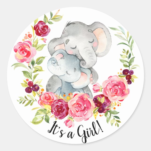 Cute Mom & Baby Elephant It' a Girl Favor Sticker (Front)