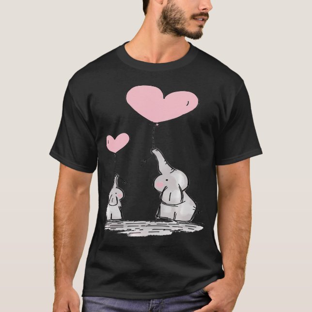 Cute Mom Baby Elephant Pink Heart Balloons T-Shirt (Front)