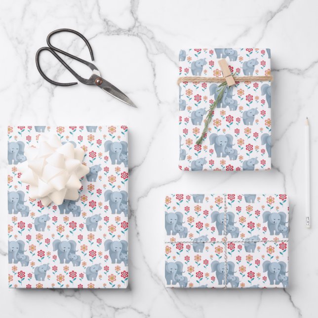 Cute Mom baby elephant tiled pattern Wrapping Paper Sheets (Front)