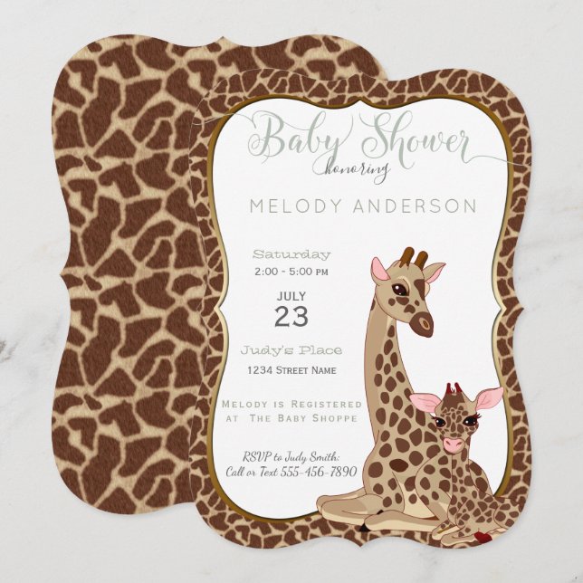 Cute Mom & Baby Giraffe Animal Theme Baby Shower Invitation (Front/Back)