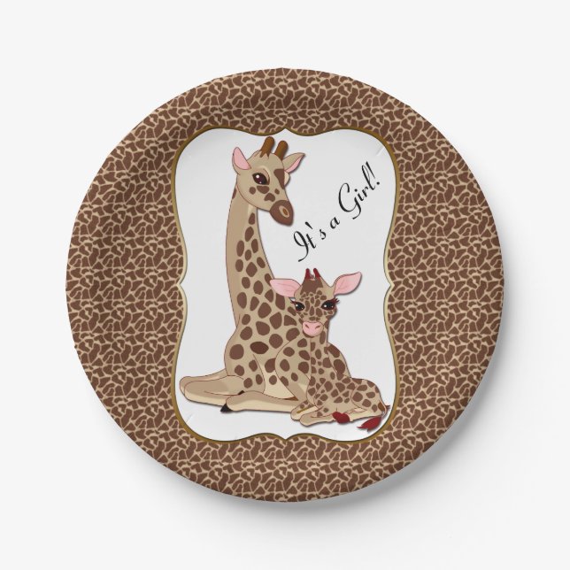 Cute Mom & Baby Giraffe Animal Theme Baby Shower Paper Plates (Front)