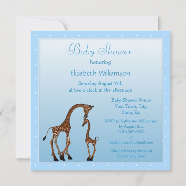 Cute Mom & Baby Giraffe Blue Baby Shower Invitation (Front)