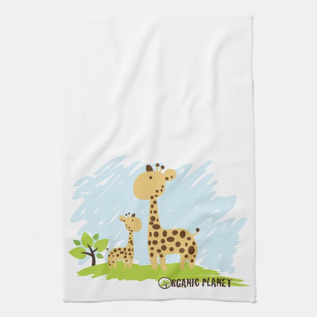 Cute Mom & Baby Giraffe Green & Yellow Towel (Vertical)