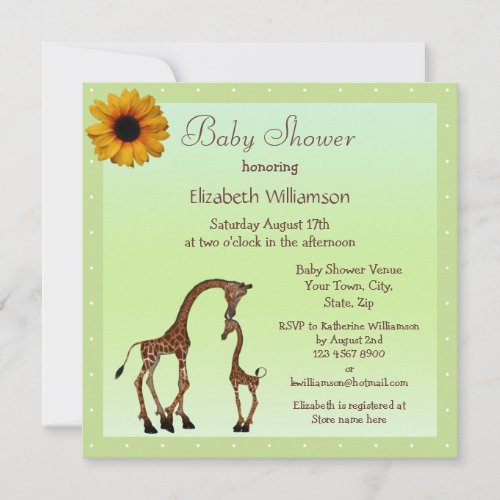 Cute Mom &amp; Baby Giraffe Neutral Green Baby Shower Invitations