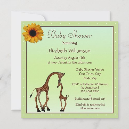 Cute Mom &amp; Baby Giraffe Neutral Green Baby Shower Custom Invitation