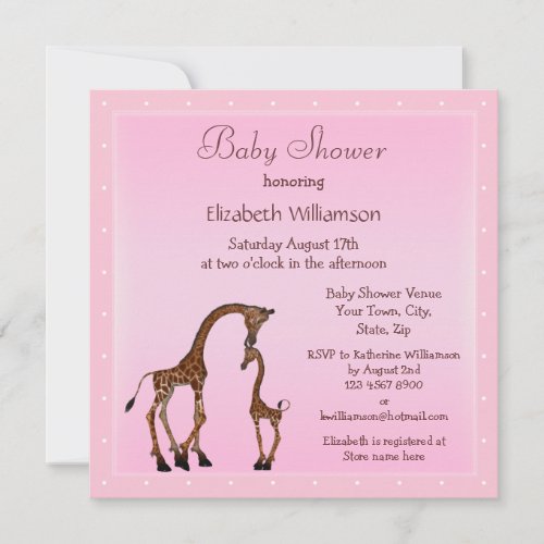Cute Mom &amp; Baby Giraffe Pink Baby Shower Custom Invitation
