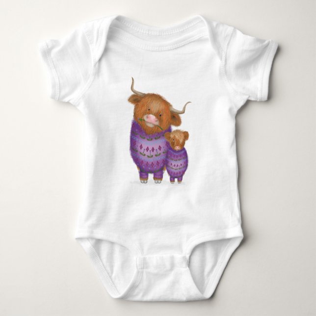 Cute mom & baby Highland cow baby bodysuit (Front)