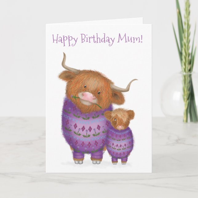 Cute mom & baby Highland cow birthday card (Front)