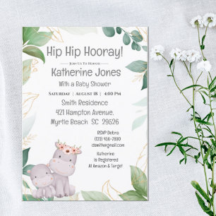 Cute Mom Baby Hippo Greeney Baby Shower Invitation