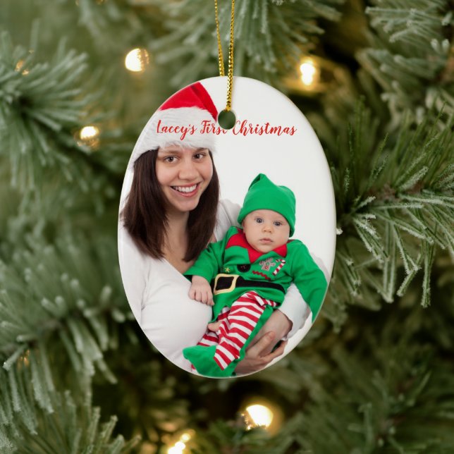 Cute Mom Baby In Elf Costume Photo First Christmas Ceramic Ornament (Tree)
