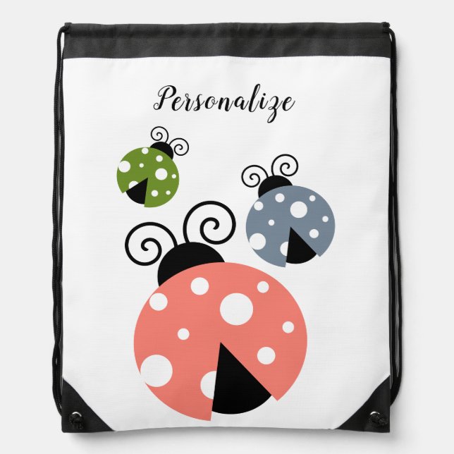 Cute Mom & Baby Ladybugs Personalized Drawstring Bag (Front)