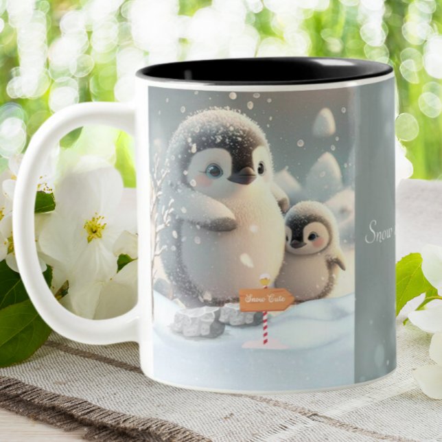 Cute Mom & Baby Penguin Snow Personalized Two-Tone Coffee Mug (Creator Uploaded)