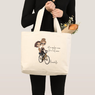Cute Mom/Daughter on Bicycle Drawing ‘Cool Mom’  Large Tote Bag
