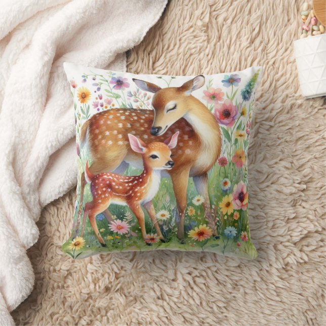 Cute Mom Deer and Fawn Floral  Throw Pillow (Blanket)