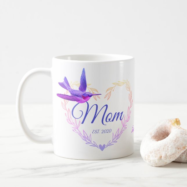 Cute Mom Heart Hummingbird Purple Pink Coffee Mug (With Donut)