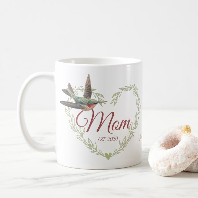 Cute Mom Heart Hummingbird Sage Green Coffee Mug (With Donut)