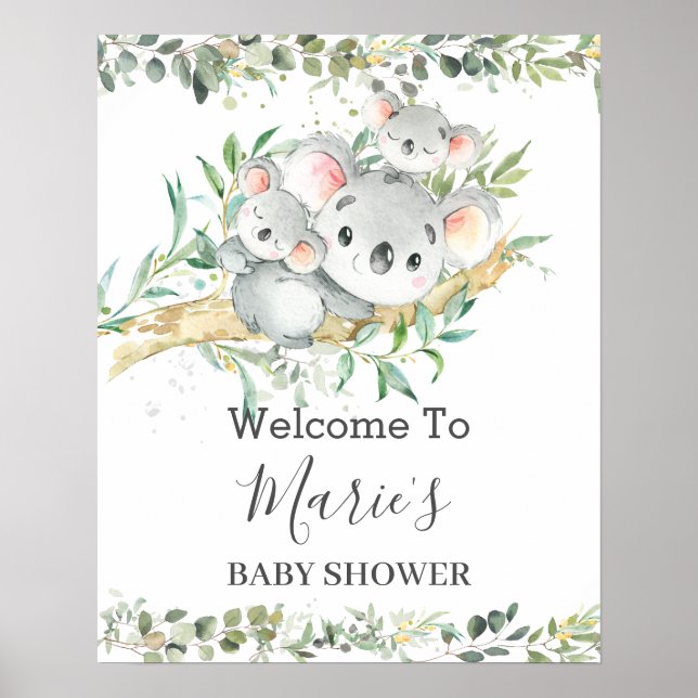 Cute Mom Koala Twins Greenery Neutral Baby Shower  Poster (Front)