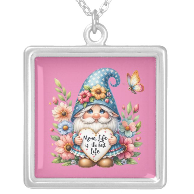 Cute Mom life best life gnome Silver Plated Necklace (Front)