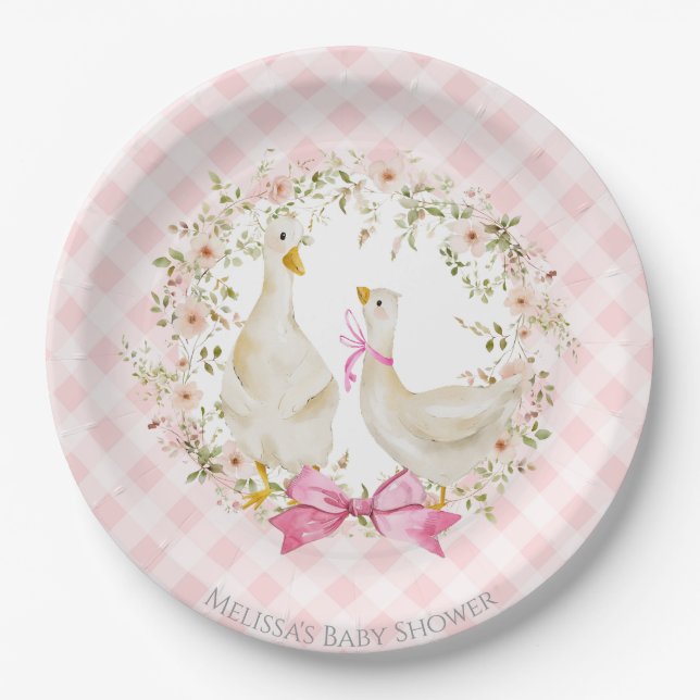 Cute Mom & Little Goose Gingham Baby Shower Girl Paper Plates (Front)