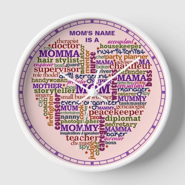 Cute Mom Mother's Day Word Art Heart Personalized Wall Clock (Front)
