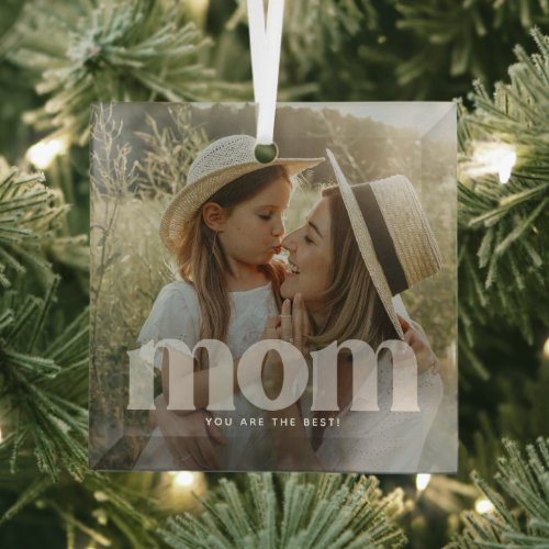 Cute Mom Overlay Typography Photo  Glass Ornament