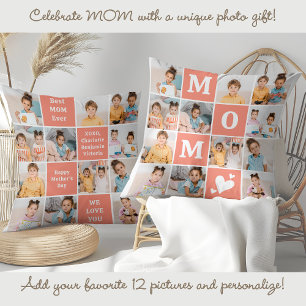 Cute MOM Personalized 12 Photo Collage Coral Peach Throw Pillow