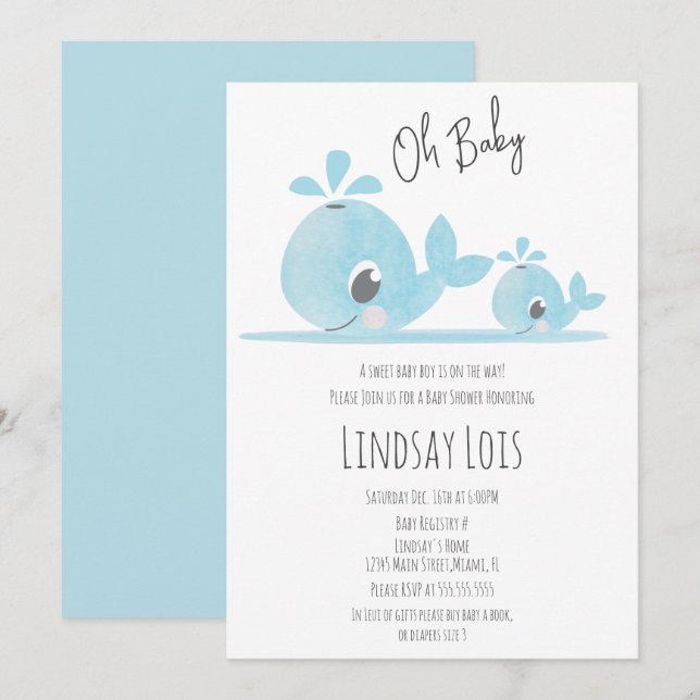 Cute Mom Whale Baby Whale Baby Shower Invitation (Front/Back)