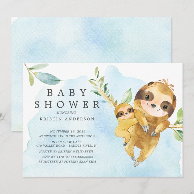 Cute Mom with Baby Sloth Baby Shower Invitation (Front/Back)