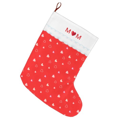 Cute Mom with Heart  Heart Pattern on Red Large Christmas Stocking