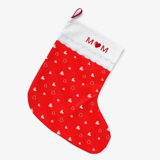 Cute Mom with Heart & Heart Pattern on Red Large Christmas Stocking (Front (Hanging))
