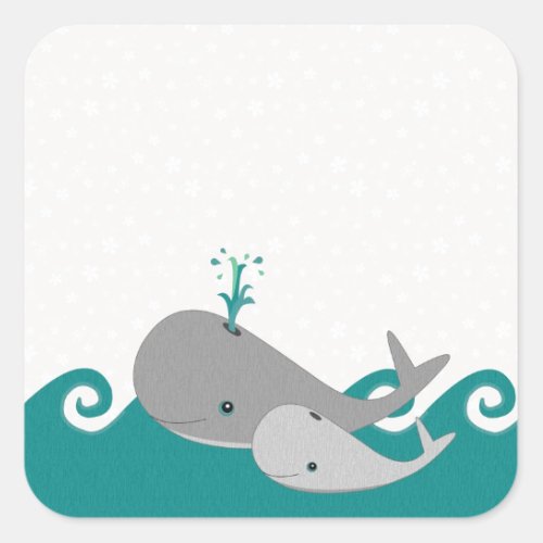 Cute Moma and Baby Whale on the Waves Square Sticker