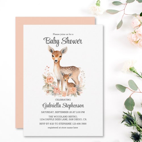 Cute Mommy and Baby Deer Watercolor Baby Shower Invitation